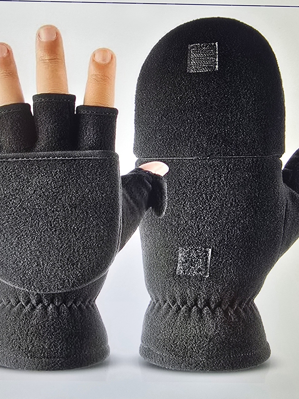 OZERO Black Convertible Fingerless Mittens - Fleece Flip-Top Gloves